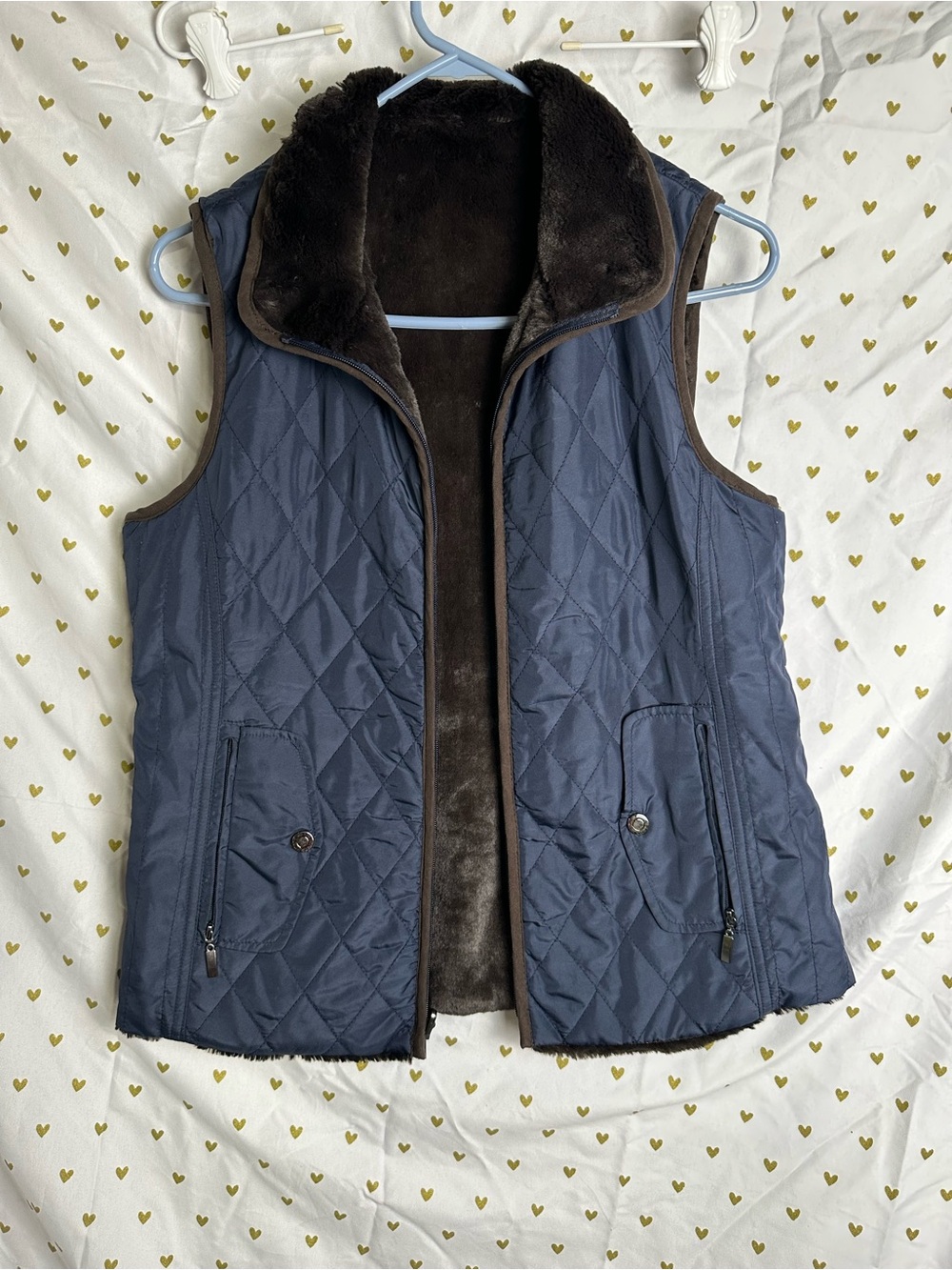 Roz & Ali Quilted Navy Vest with Brown Faux Fur Lining